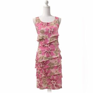 Floral Tiered Dress Pink Burgundy Satin Textured Size 10